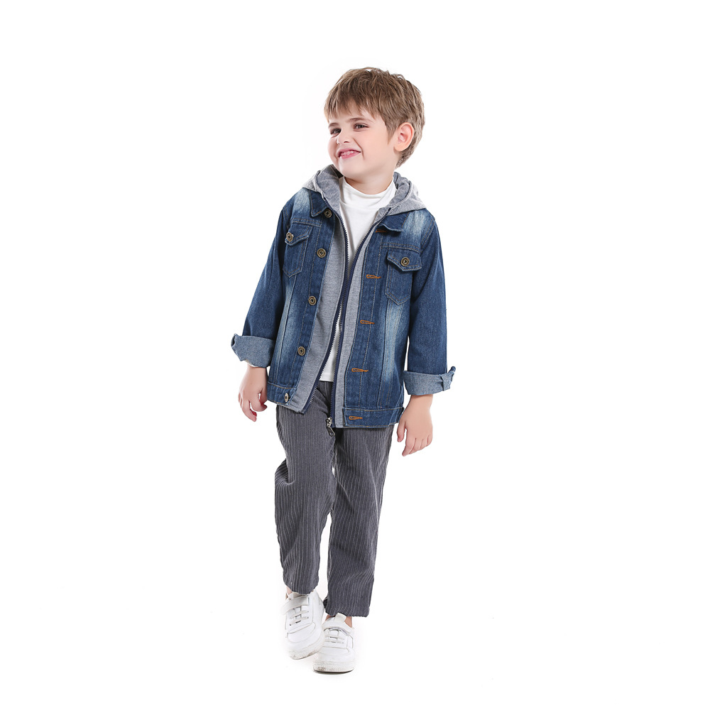Children's Fake Two-Piece Denim Jacket for Boys and Girls in Autumn and Winter New Hooded Fashionable Casual Tops Export Wholesale