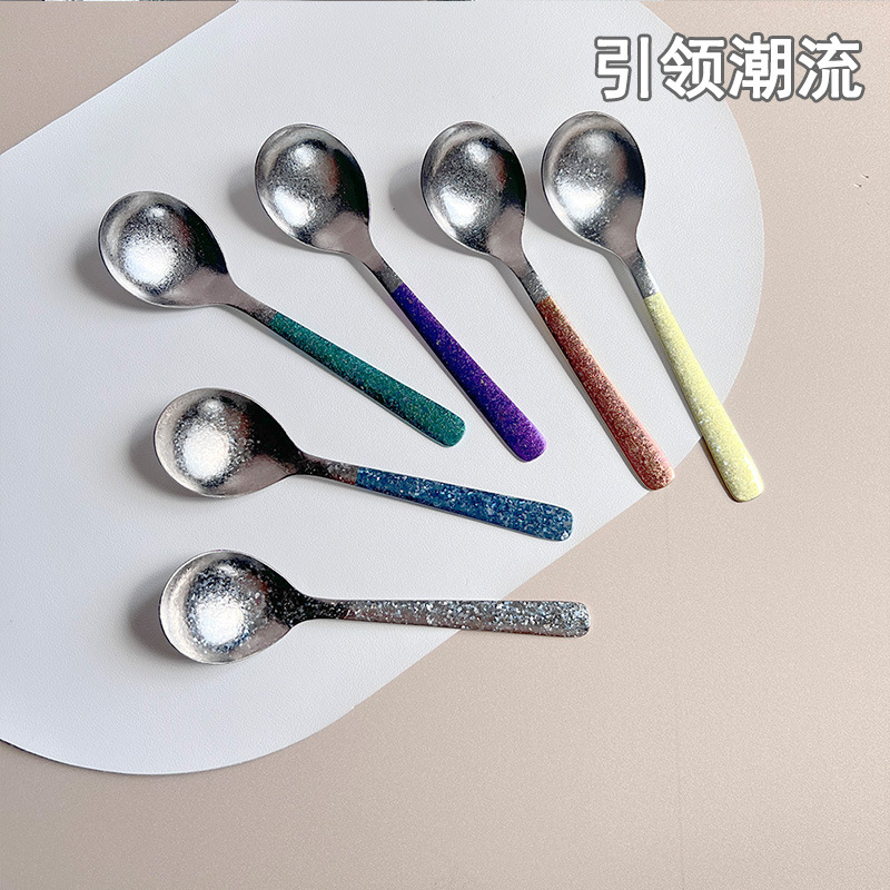 Ice Flower Colored Pure Titanium Spoon, Titanium Crystal Soup Spoon, Large Spoon, Commercial Long-Handled Spoon, Portable Outdoor Titanium Tableware, Anti-Oxidation