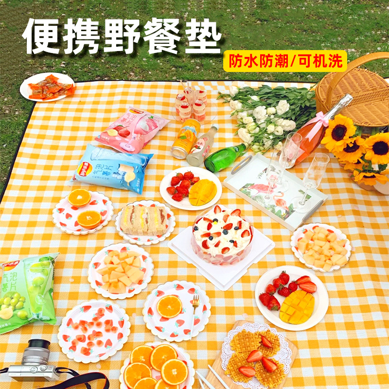 Outdoor Picnic Mat Waterproof Thickeneded Oxford Cloth Pe Non-Woven Handbag Style Picnic Cloth Picnic Mat Moisture-Proof Mat
