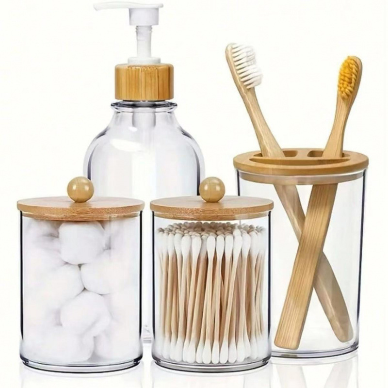 Zhuo Lin Transparent Bamboo Lid Hand Sanitizer Bottle Toothbrush Cup Bathroom 4-Piece Set Cotton Swab Storage Box Cotton Ball Jar