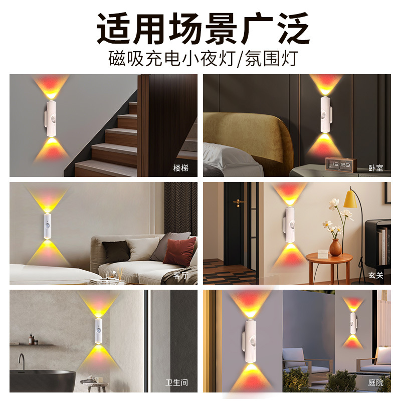 Double-Headed Cat-Eye Atmosphere Lamp Wall Lamp Rechargeable Wine Cabinet Entrance Night Light Bedroom Wardrobe Smart Human Body Sensor Lamp
