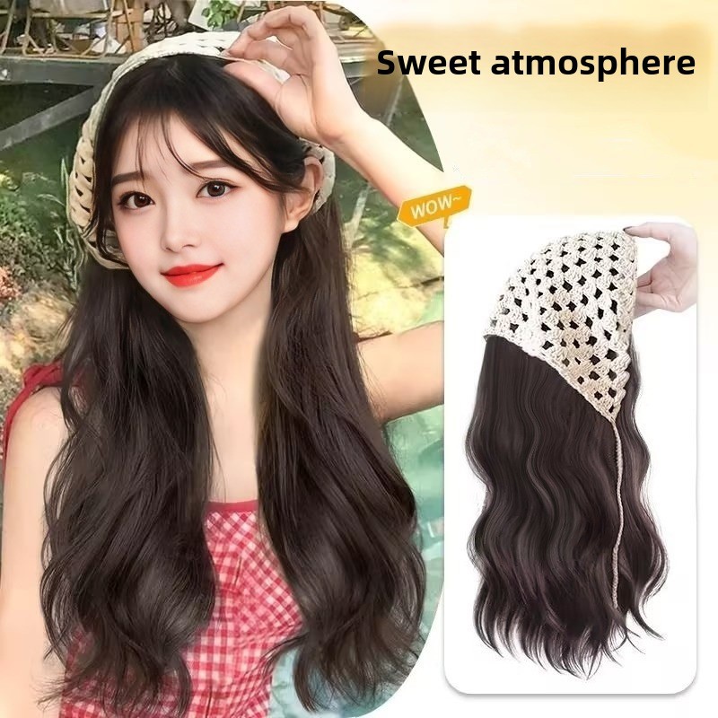 TikTok Internet Popular Same Wig Women's Chemical Fiber Long Hair Big Wave U-Shaped Hair Tailor Knitted Hood One-piece Hood