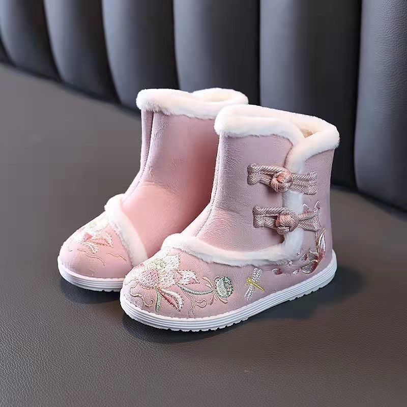 Hanfu Shoes Girls Winter Chinese Style New Year Shoes Children's Red Cotton Boots Ancient Embroidered Shoes Ethnic Style Boots