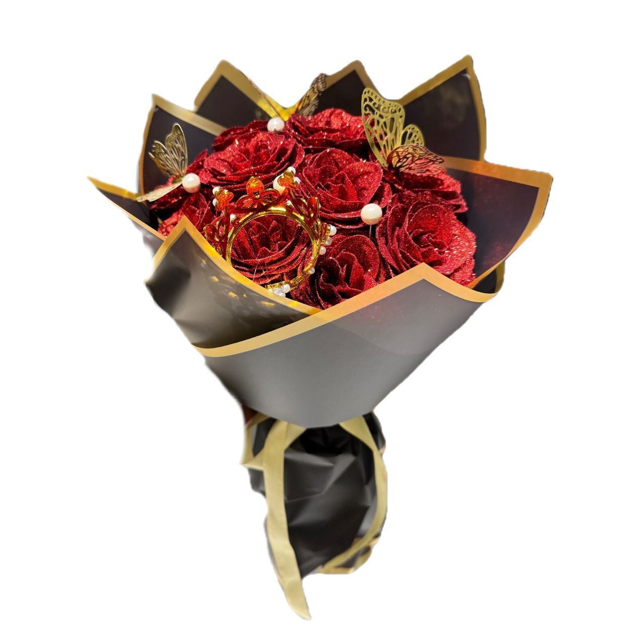 12 Glitter Rose Bouquet Pearl Greeting Card Valentine's Day Artificial Rose Bouquet DIY Wrapping Paper Butterfly Crown