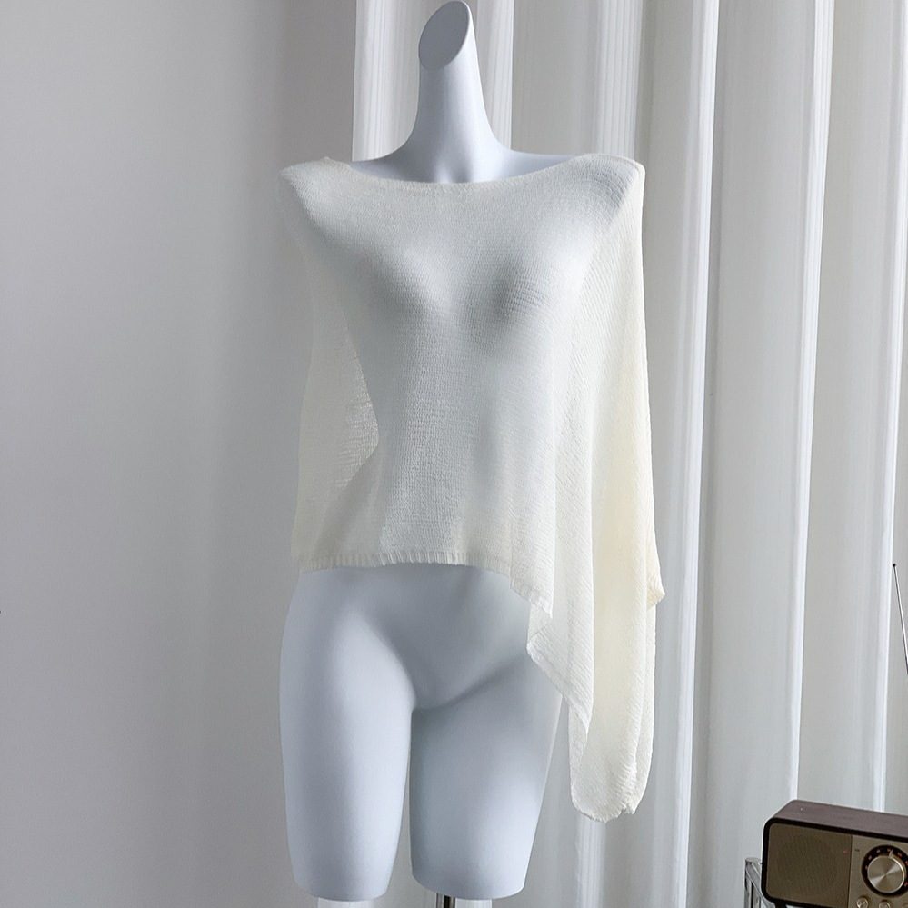 Designed Asymmetrical Cape Shawl Sun Protection Shirt for Women Spring and Summer Loose Lazy Thin Ice Silk Knitwear Top