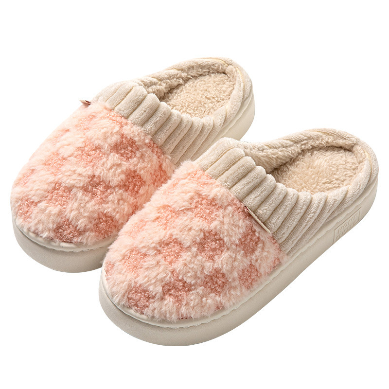 Men and Women Couple Indoor and Outdoor Home Wooden Floor Autumn and Winter Corduroy Plush Warm Cotton Slippers with Plaid Stitching
