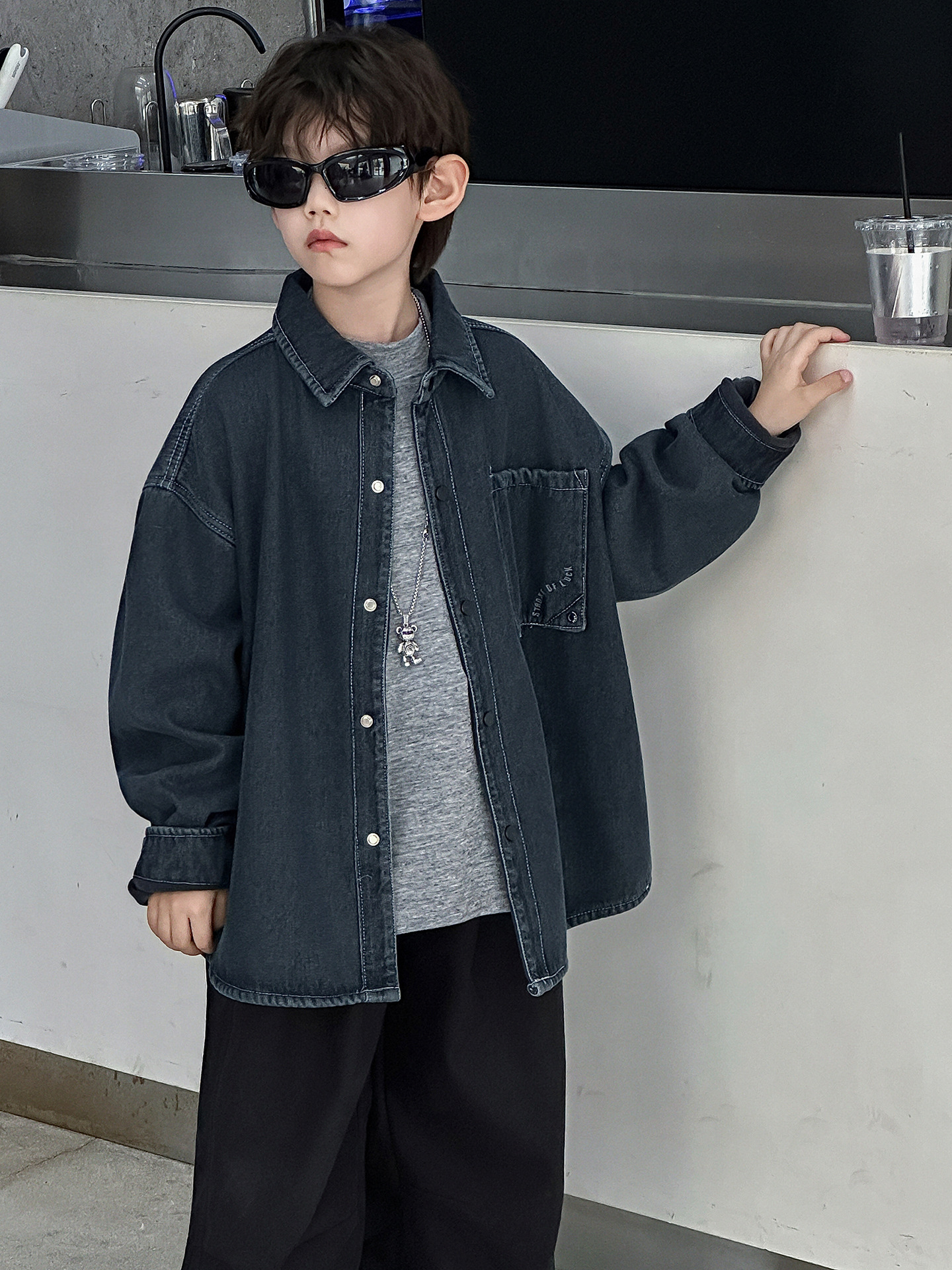 Cotton Shop Boys' Fleece-Lined Shirt Children's Autumn and Winter Korean Style 2025 New Warm Children's Clothing Loose Denim Jacket Trendy