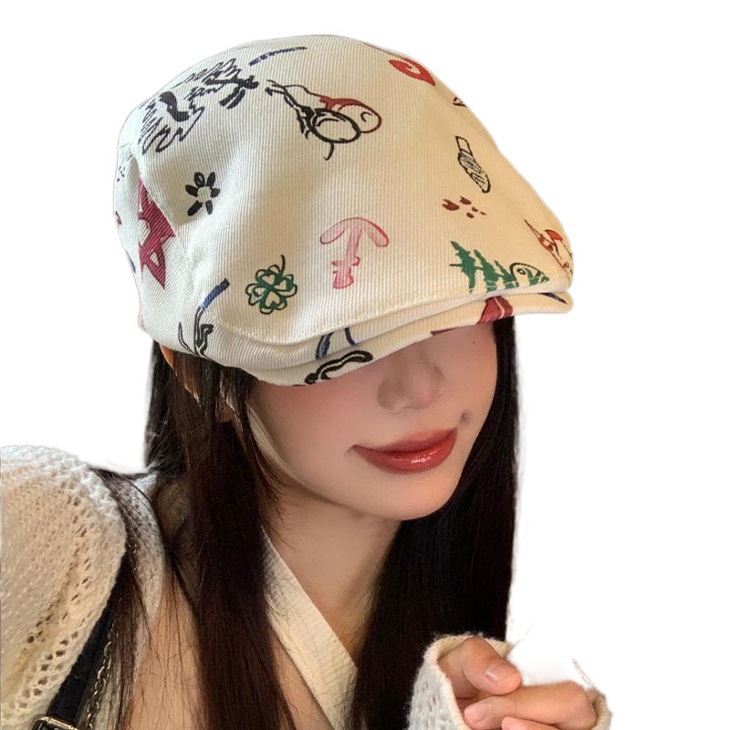Japanese-Style Graffiti Forward Cap for Women, Spring and Summer Korean Version Versatile Large Head Circumference Beret, Face-Slimming Beret, Painter Hat