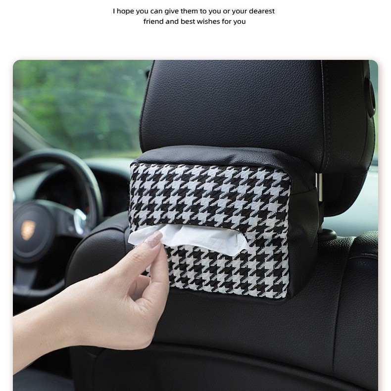 Car Tissue Box Knitted Leather Houndstooth Car Seat Back Hanging Paper Box Multifunctional Car Tissue Bag