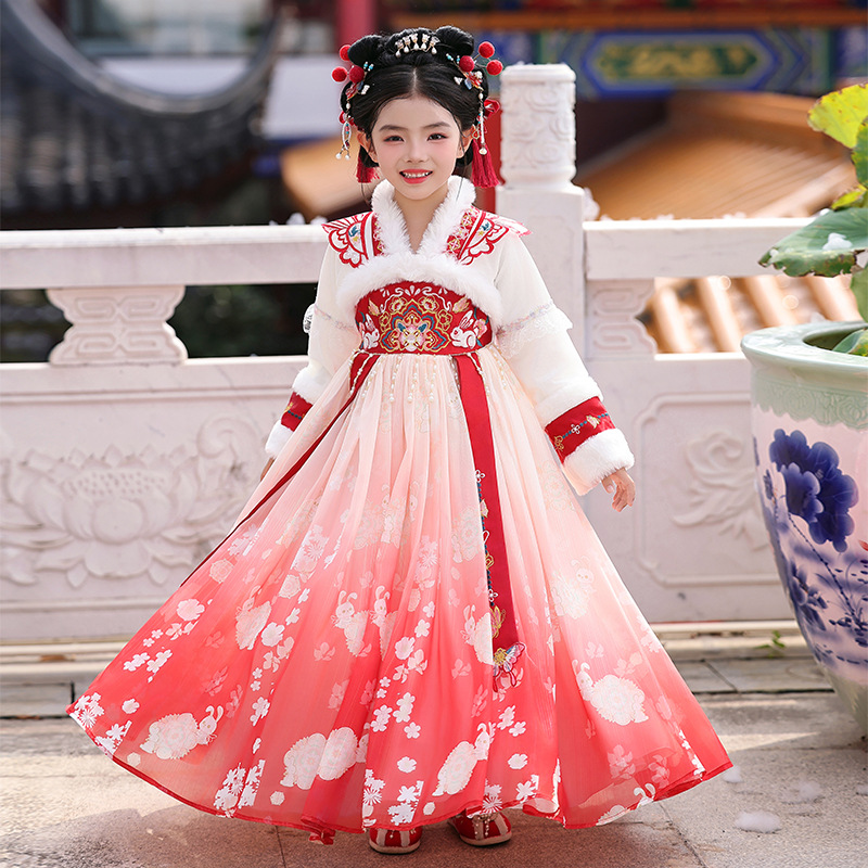 Girls' Hanfu Winter Fleece-Lined Warm Dress Children's Chinese Style Tang Suit Dress Little Girl's Flowing Ancient Costume Dress