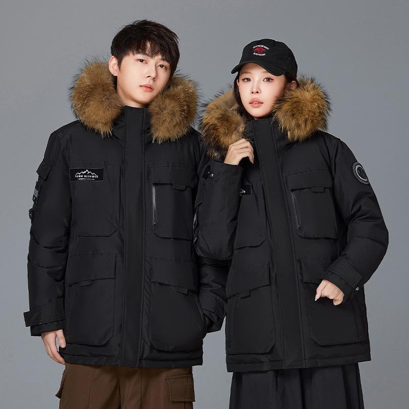 2025 New Thickened Couple's Workwear down Jacket Winter Clothing for Men and Women, Mid-Length with Fur Collar, Outdoor Warm and Trendy