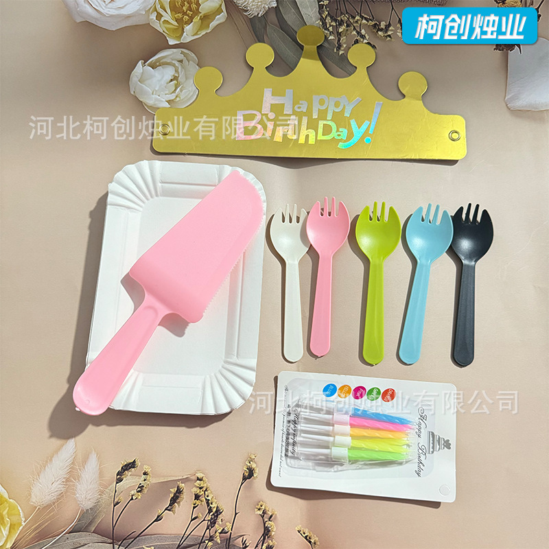 Cross-border Cake Shop Tableware Birthday Cake Dinner Plate Round Fork Spoon Birthday Products Disposable Cake Knife and Fork Plate suit