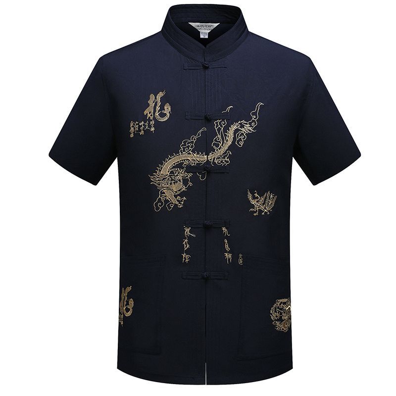 Middle-aged and Elderly Men's Tang Suit Short-sleeved Summer Hanfu Dad's Chinese Style Top with Buckle and Grandpa's Ethnic Costume Chinese Style