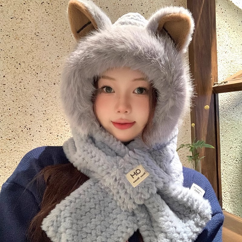 Plush Fox Ear Hat for Women, Winter Warm Neck Scarf, Cold-Proof Winter Ear Protection Scarf, All-In-One Hat Two-Piece Set