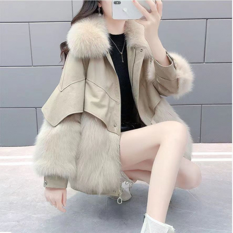 New Haining Pipi Anti-Fox Fur Ladylike Mid-Length Outwear Women's down Jacket Black Light Apricot