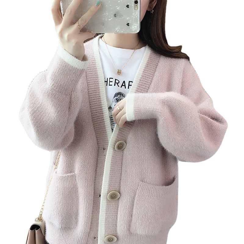 Chenille Soft and Waxy Versatile Sweater Women's Outwear Spring and Autum New Loose Slimming Look Color-Blocked Imitation Mink Velvet Knitted Cardigan