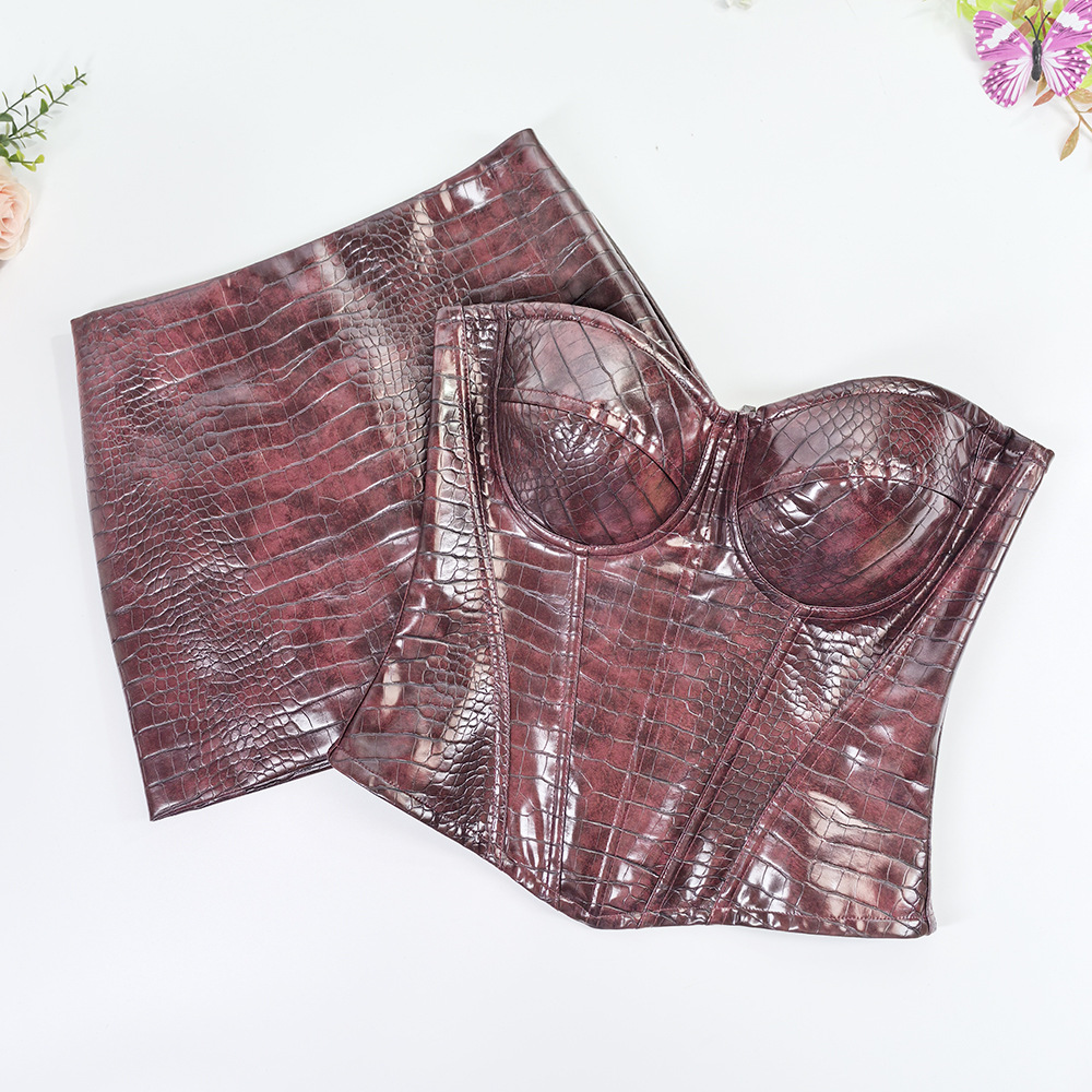 Crocodile Pattern Pu Leather Skirt Suit Sexy Glossy Patent Leather High-End Body Shaping Top Strong Compression Belly Fishbone Bra