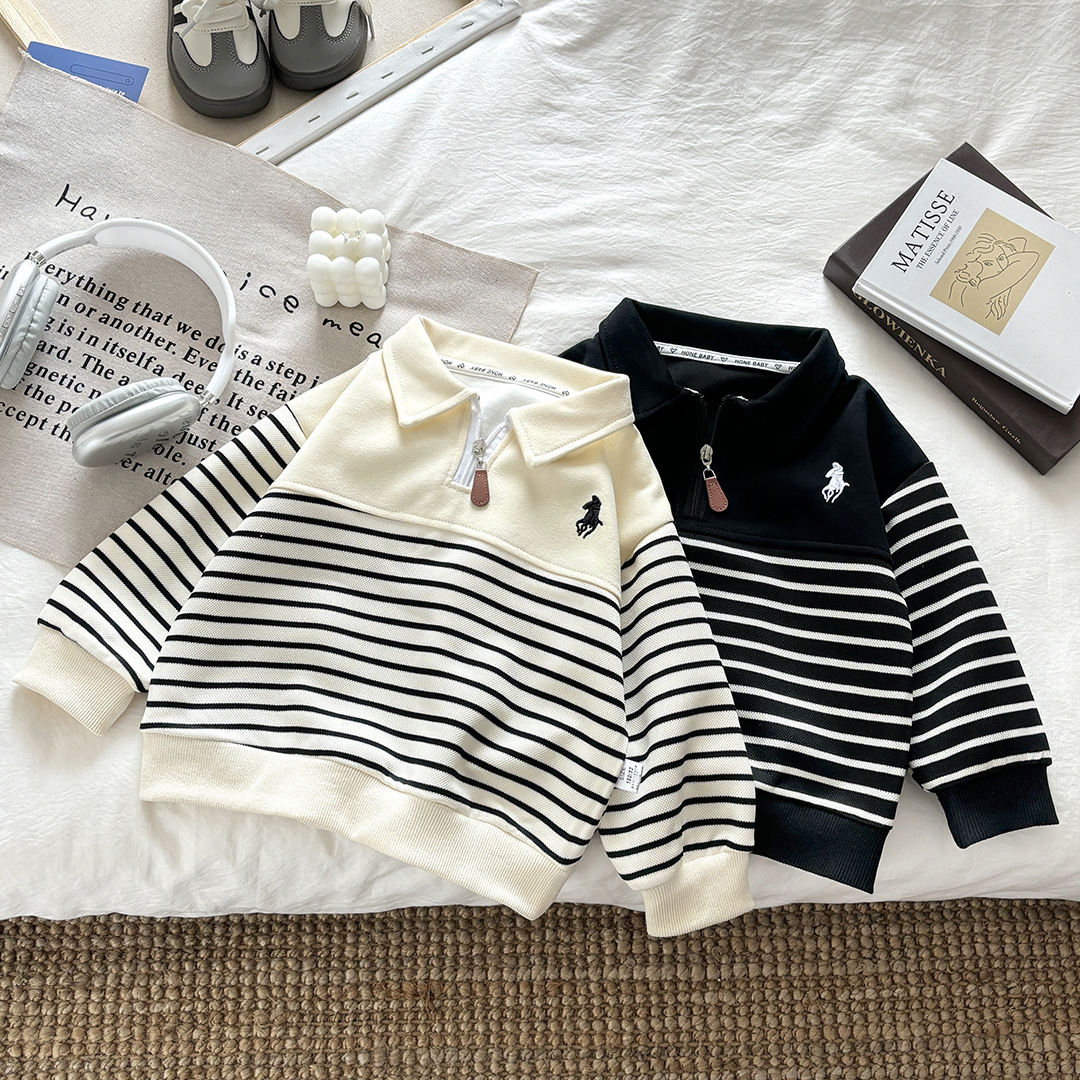 Свитшот для детей 2025, новая осенняя модель, с молнией, поло, длинные рукава, полосатый, универсальный топ для мужчин и женщин