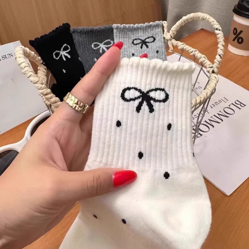 Polka Dot Lace Bow Autumn and Winter New Slouch Socks Student Ins Trendy Long Socks Japanese Style Internet Celebrity Mid-Calf Women's Socks