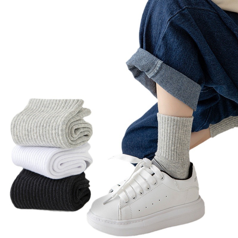 5 pairs of children's socks spring and autumn cotton white student socks spring and summer pure white college style Boys' mid-calf length socks women
