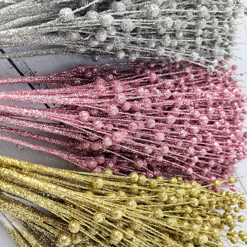 Christmas Decoration Gold Powder Berry Ball Bunch 43 cm 12 Forks Artificial Glitter Stem Decoration Beaded Fake Flower Rattan