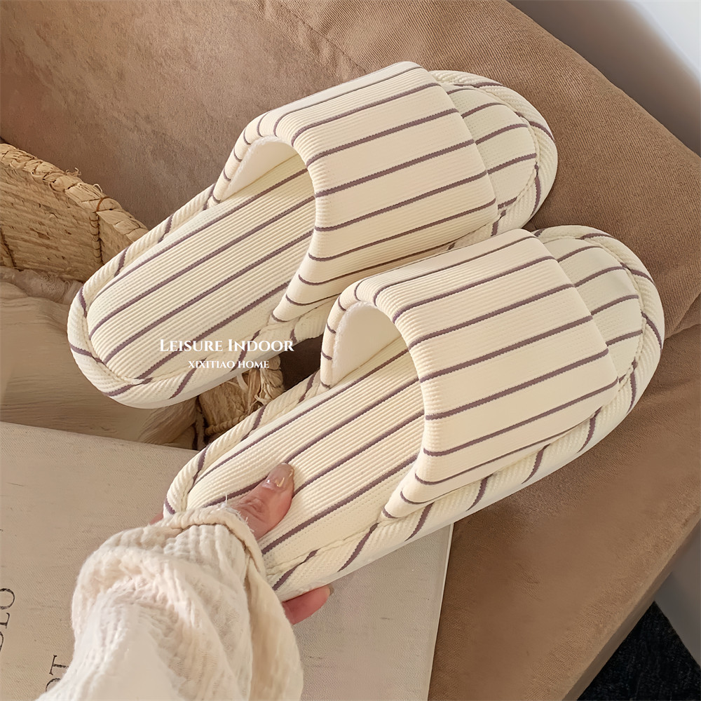 Ins Simple Stripesd Personalized Home Floor Shoes Japanese Style Cotton and Linen Soft Bottom All Year Round Universal Air-Conditioned Room Slippers for Women