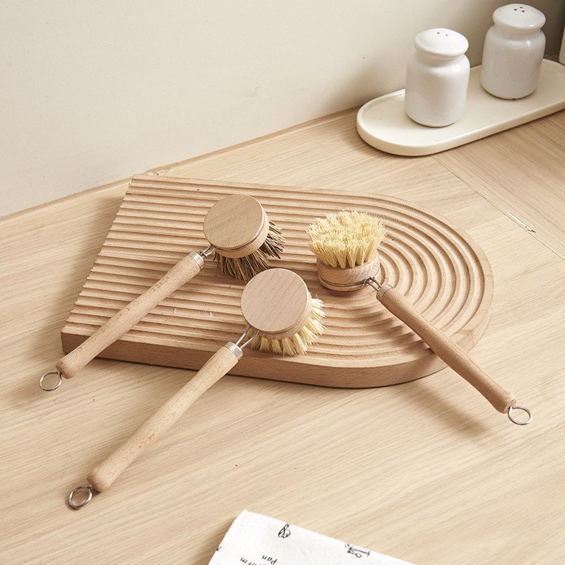 Hot-Selling Non-Stick Pan Kitchen Cleaning Brush with Long Beech Wood Handle, Replaceable Sisal Head Dish Brush, Sisal Material