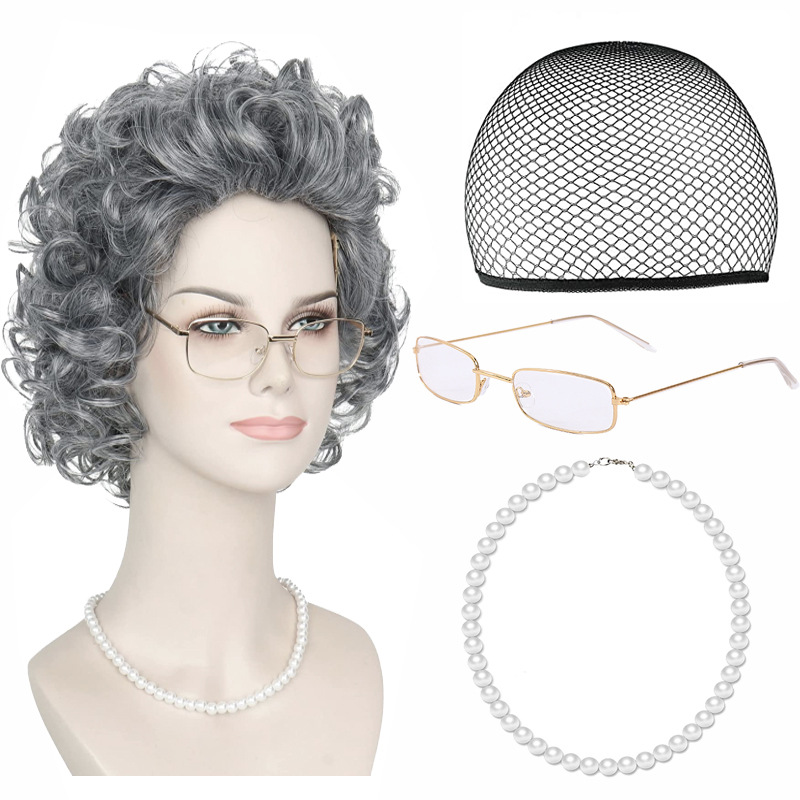 Halloween Old Lady Short Curly Hair Grandpa Grandma Costume Mom Grandma Wig with Side Bangs