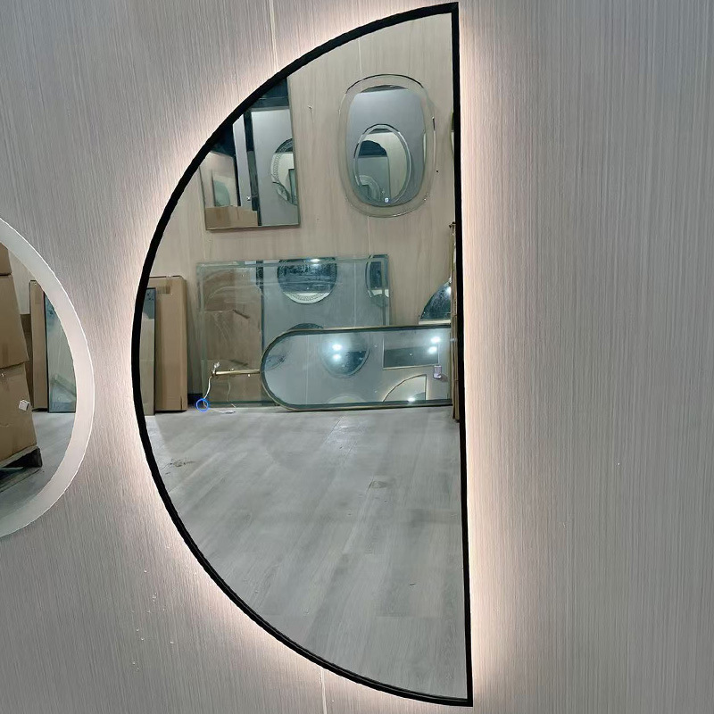 Semi-Circular Led Light with Mirror Wall-Mounted Framed Bathroom Semi-Circular Mirror with Light Touch Sensor Defogging Smart Mirror