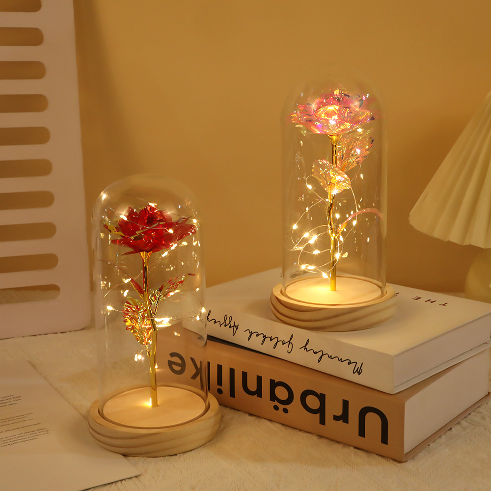 Colorful Gold Foil Rose Glass Cover Log Base Night Light Valentine's Day Souvenir Gift Wholesale Holiday Flower