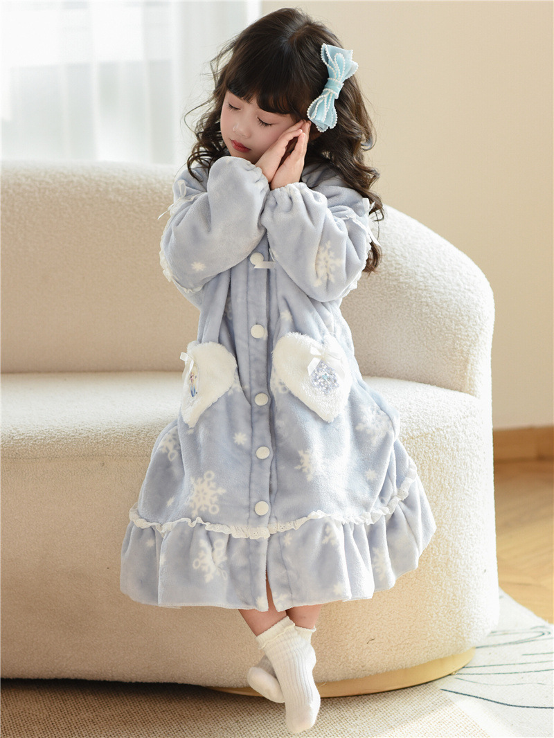 Elsa Autumn and Winter Girls' Flannel Coral Fleece Loungewear Pajama Set Robe Elsa Dress Princess Cute Style