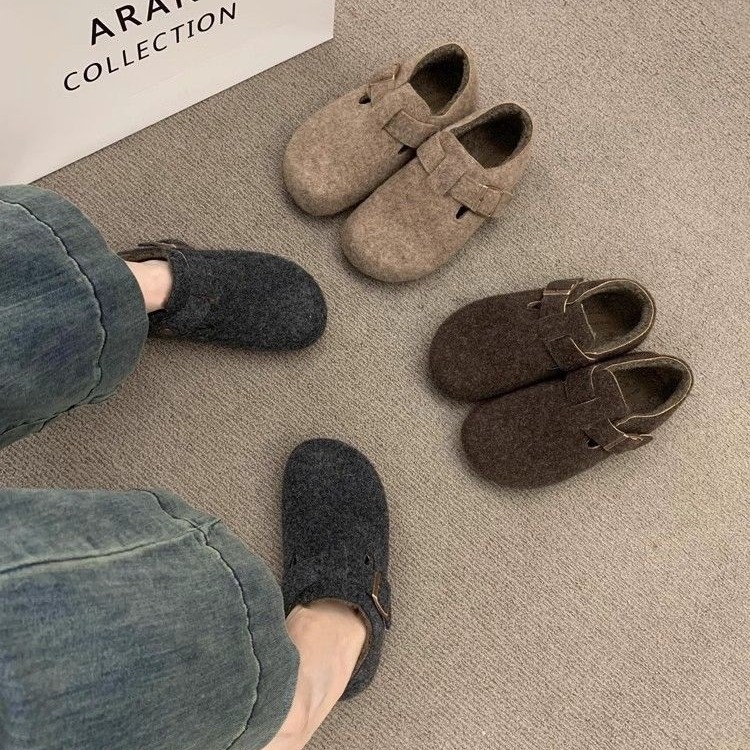 2025 New Autum Style French Retro Outer Wear Round-Toe Felt Fleece-Lined Birkenstock Shoes for Women, One-Legged Warm Cotton Scoop Shoes