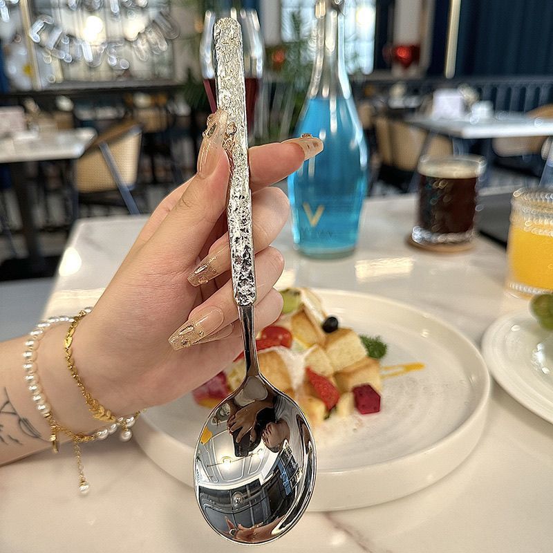 Ice Pattern Spoon Thickened Stainless Steel Household Adult Rice Spoon Long Handle Spoon for Eating Western Food Soup Spoon Student Spoon Spoon