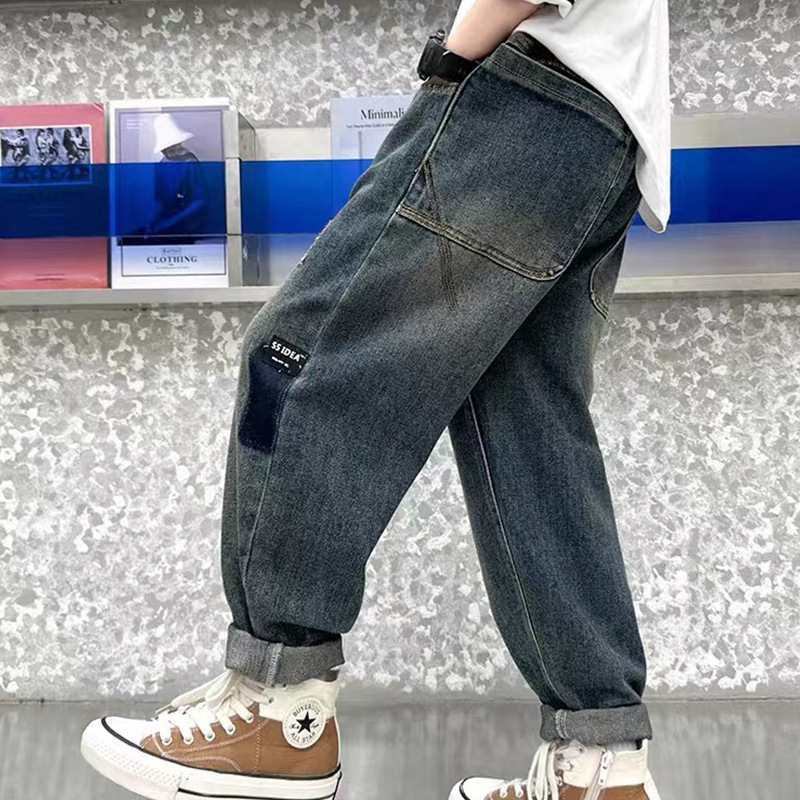 Boys' Jeans, Kidsren's Pants, Trendy Brand 2025 Spring & Fall New Style, Western Style Kidsren's Clothing, Medium and Large Kidsren's Loose Street Pants