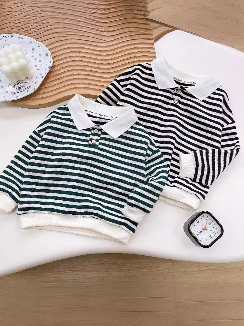 Spring and Autumn Children's Polo Sweatshirt 2025 New Long Sleeve Lapel Striped Sweatshirt Baby Fashionable Top Children's Clothing Wholesale