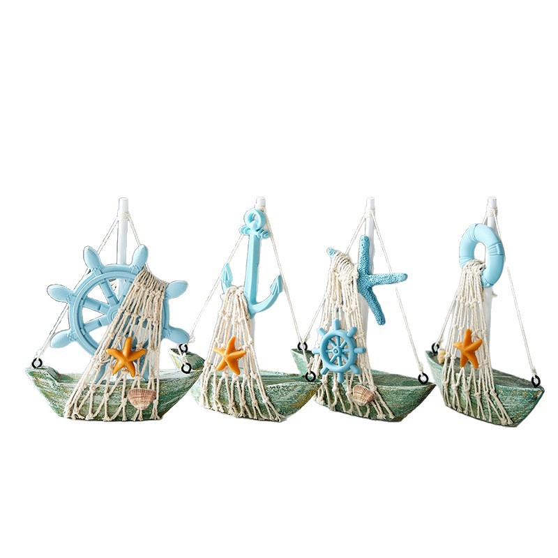 Mediterranean Style Retro Wooden Sailboat Iron Anchor Helmsman Boat Starfish Lifebuoy Boat Model Ornaments Decoration