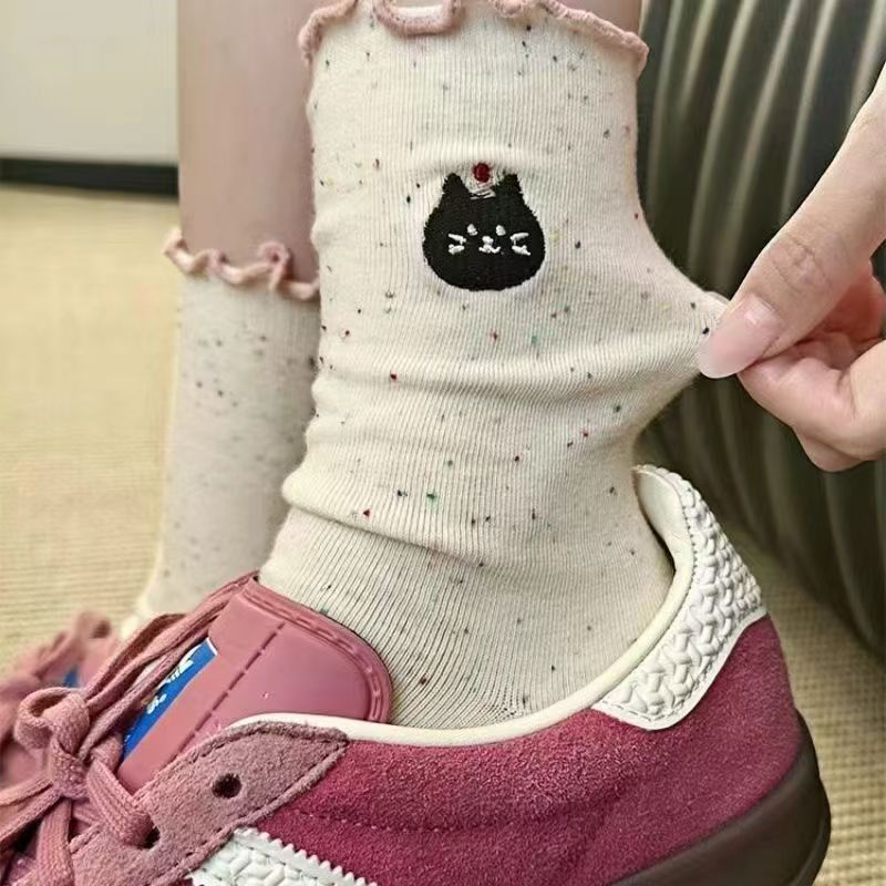 Cartoon Ruffle Socks for Women, Mid-Calf Cute Autumn Cartoon Flocked Yarn Lace Maternity Slouch Socks