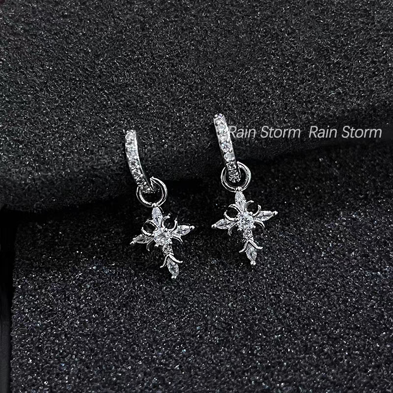 【Seeking Light】Minimalist Flashing Cross Pendant Earrings Retro Personality Light Luxury Sweet Cool Style Double Ear Hole Earrings