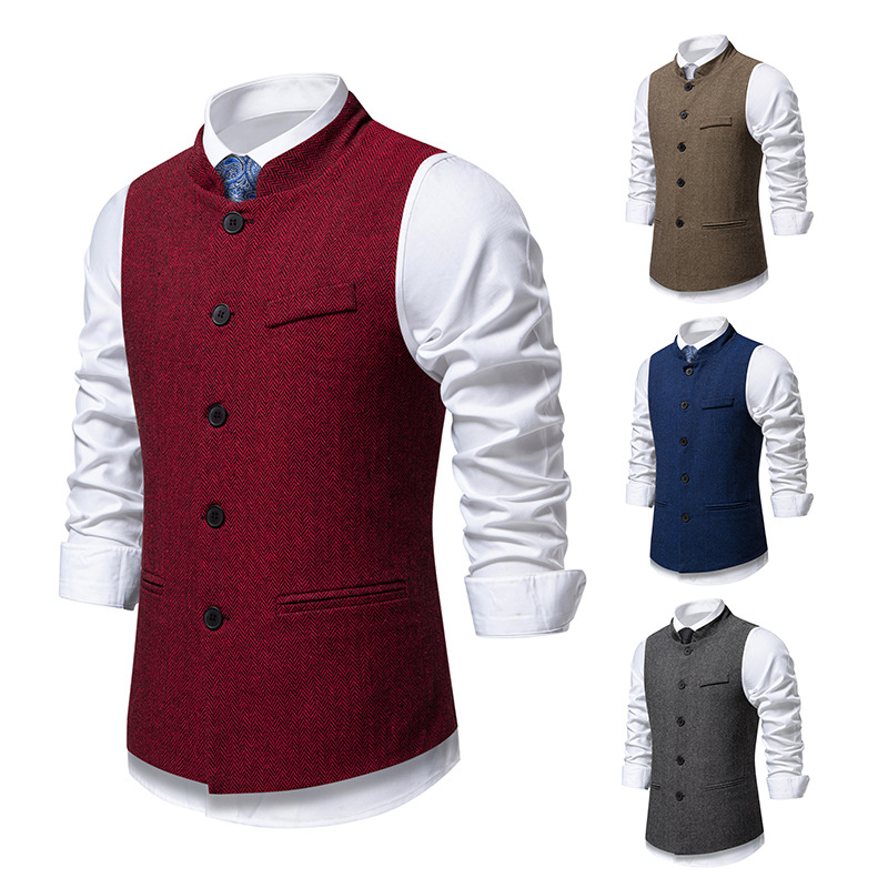 2026 Cross-Border Amazon Autumn New Men's Retro European Size Stand Collar Herringbone High-End Solid Color Suit Vest