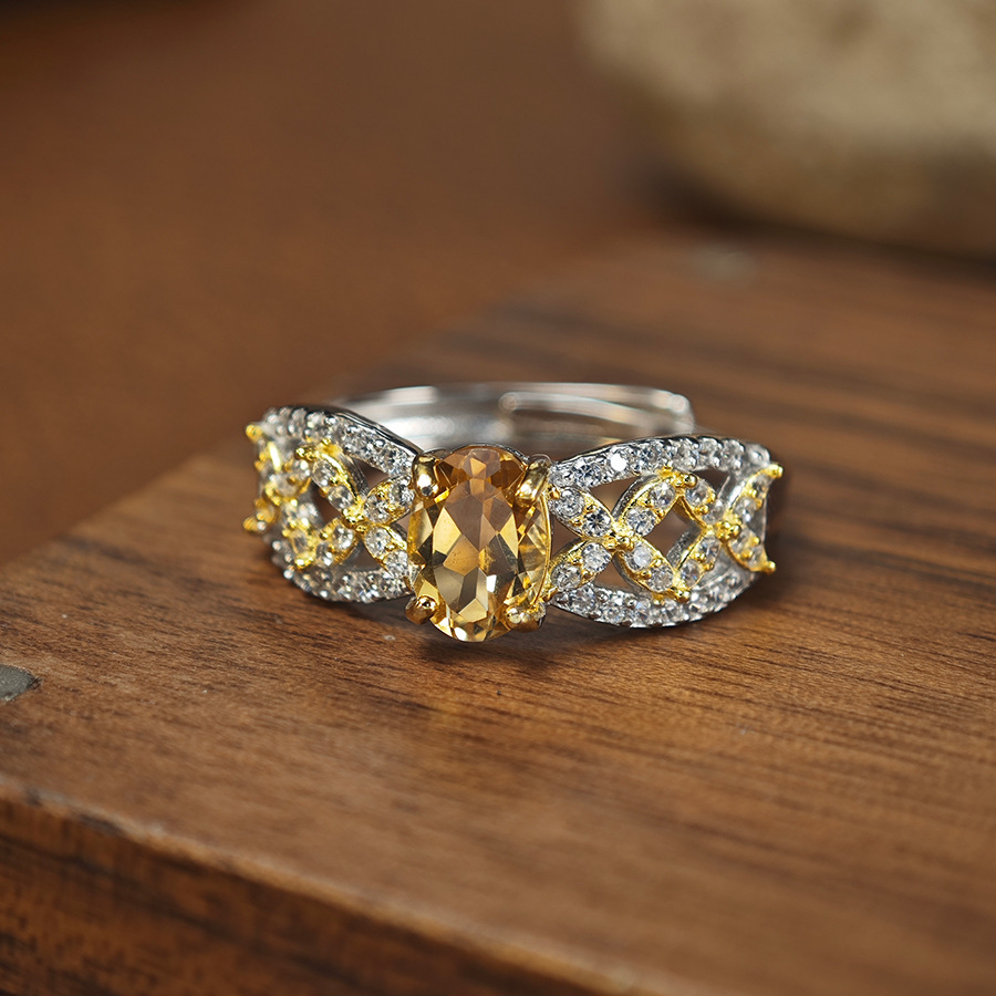 New Natural Citrine Ring 925 Silver Fine Workmanship Hollow Palace Style Design Colorful Gemstone Jewelry Ring