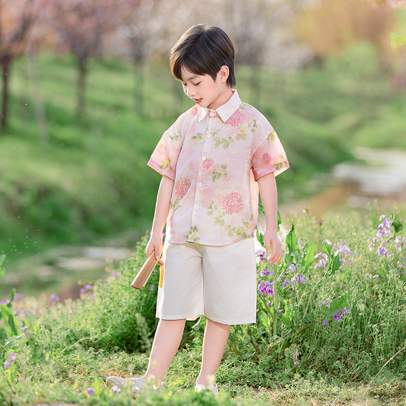 Boys Summer Shirt Suit 2025 New Kidsren's Floral Shirt Thin Boy Hong Kong Style Two-Piece Set Trendy and Handsome