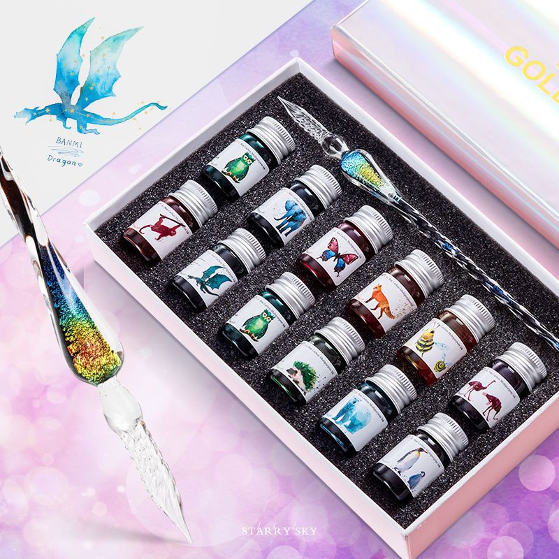 Limited Edition Elf Series 12-Color Set Glass Pen Dip Pen for Students with Colored Ink Popular Pen Calligraphy Practice Gift