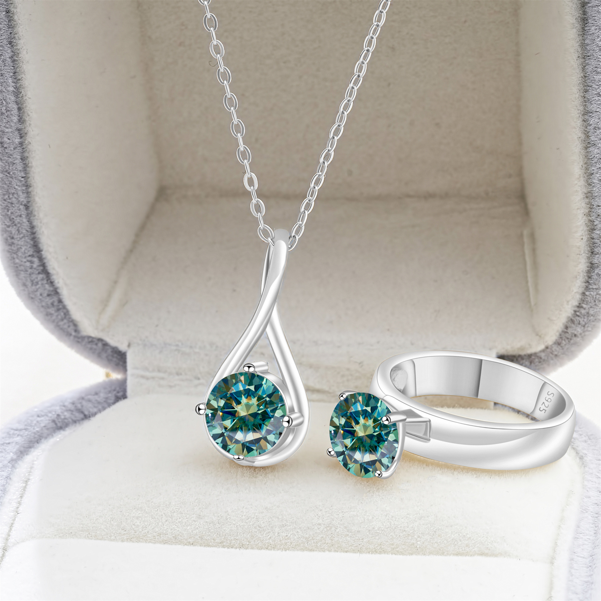 Cross-Border Exclusive S925 Silver Moissanite Necklace + Ring with Certificate, Sparkling Fire-Colored Diamond, Cross-Border Hot Sale