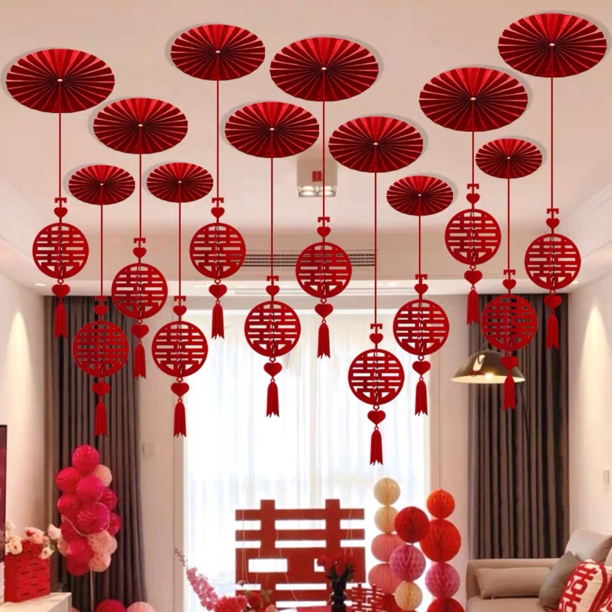 Wedding Room Decoration Set Living Room Wedding Decoration Ceiling Fan Flower Garland Happy Word Hanging Wedding Supplies Hanging