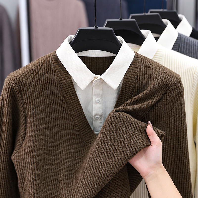 осенне-зимний свитер с воротником, новый стиль, фейковый двукомпонентный свитер, рубашка с воротником, вязаная базовая рубашка&99919