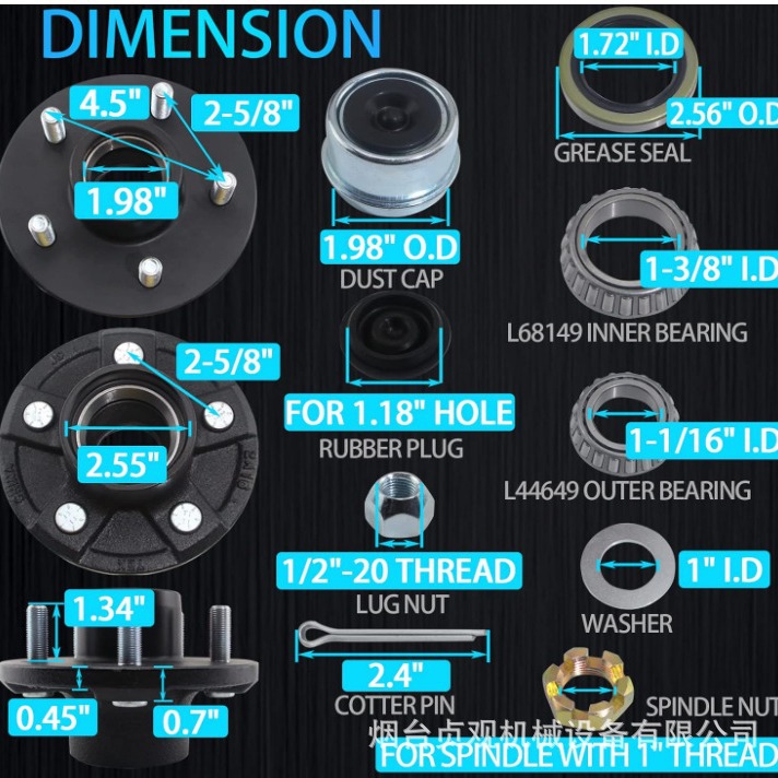 2 Sets of 3500 Pounds Trailer Rv Non-Brake Bridge Trailer Hub 5*4.5inch Wheel Hub Kit