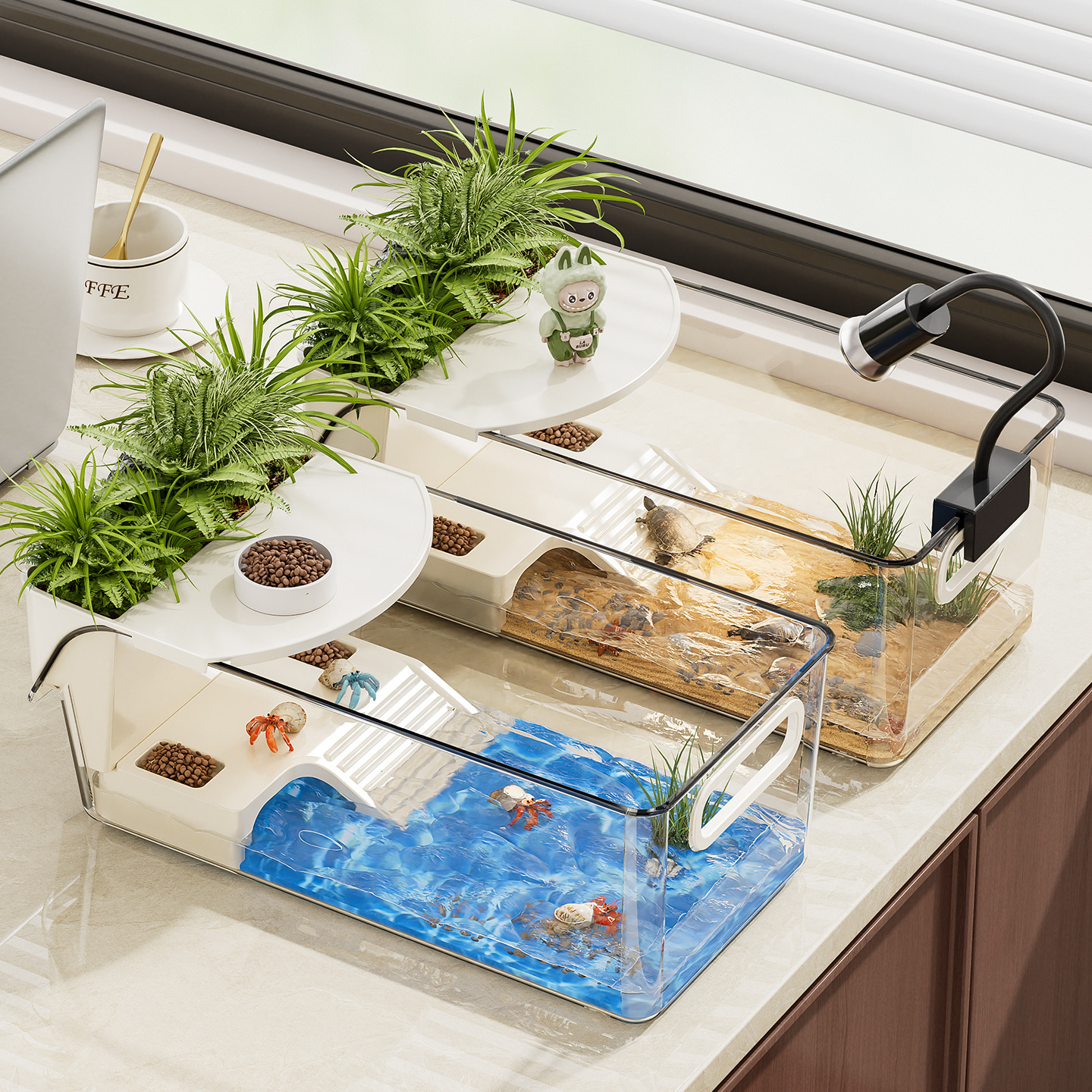 Аквариум для разведения черепах с пластиковой платформой, экологический ландшафт, маленький аквариум для домашнего использования, коробка для разведения мелких рептилий на столе в гостиной