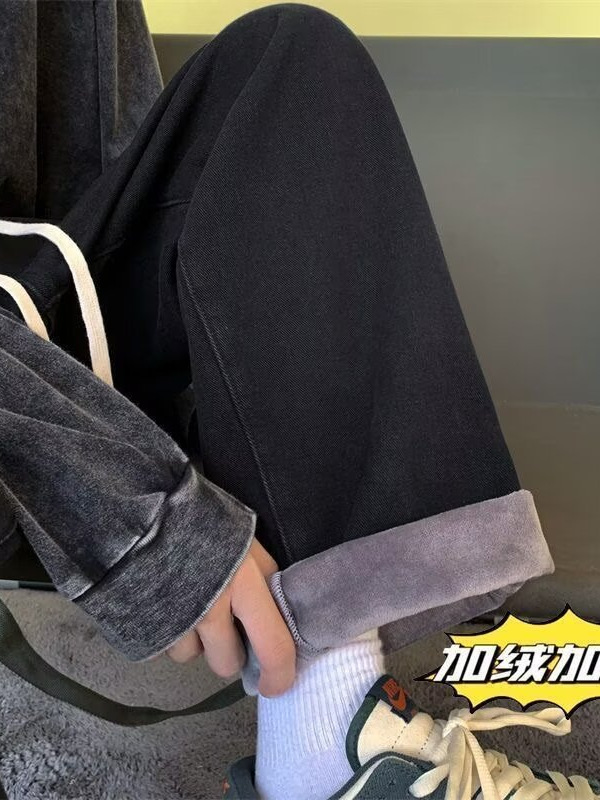 High Street Retro Velvet Thickeneded Jeans Men's Winter 2025 New Elastic Waist Straight Loose Warm Wide Leg Pants