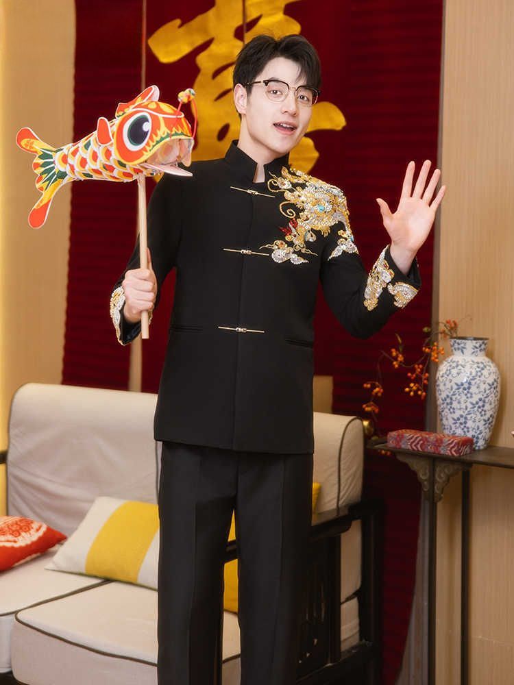 New Chinese-style Xiuhe Dress Groom Black Zhongshan Dress Wedding Dress Men's High-end Wedding Tang Dress National Style Men's Wear