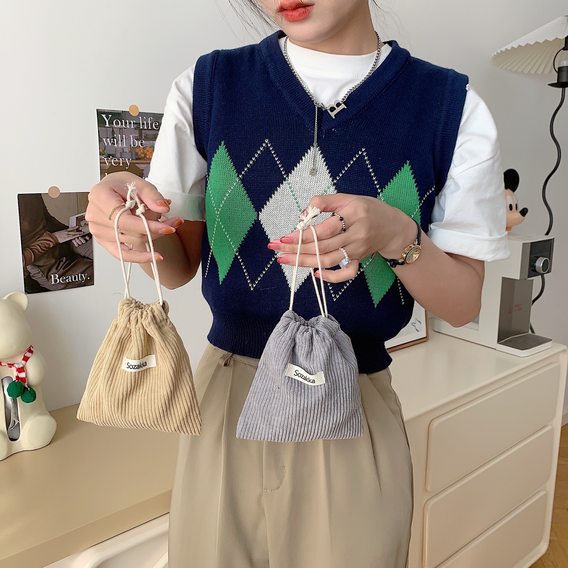 32133 Solid Color Corduroy Weaving Marks Storage Bag Drawstring Corset Cosmetic Bag Women's Portable Portable Large Capacity